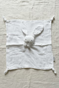 Doudou lapin bébé blanc en mousseline de coton certifié OEKO-TEX, testé EN 71