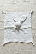 Doudou lapin bébé blanc en mousseline de coton certifié OEKO-TEX, testé EN 71