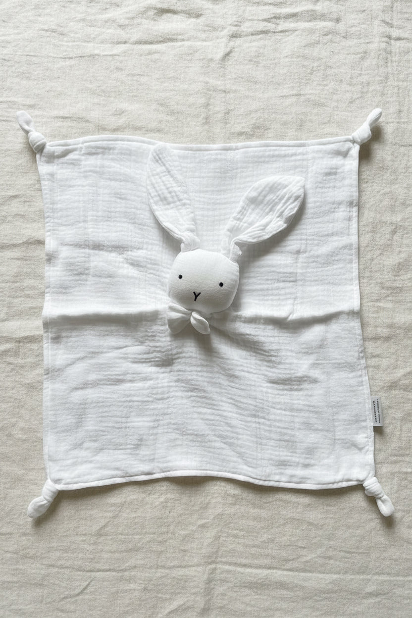 Doudou lapin bébé blanc en mousseline de coton certifié OEKO-TEX, testé EN 71