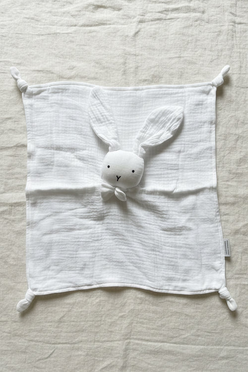 Doudou lapin bébé blanc en mousseline de coton certifié OEKO-TEX, testé EN 71
