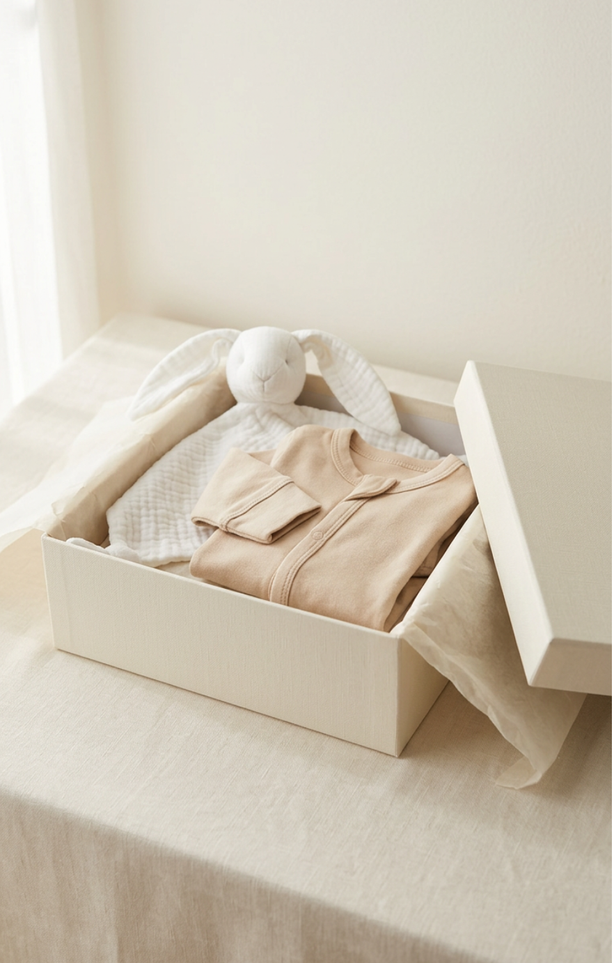 Coffret cadeau de naissance V.Lune — doudou lapin et grenouillère en coton certifié OEKO-TEX