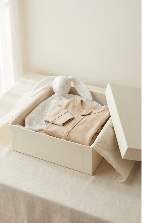 Coffret cadeau de naissance V.Lune — doudou lapin et grenouillère en coton certifié OEKO-TEX