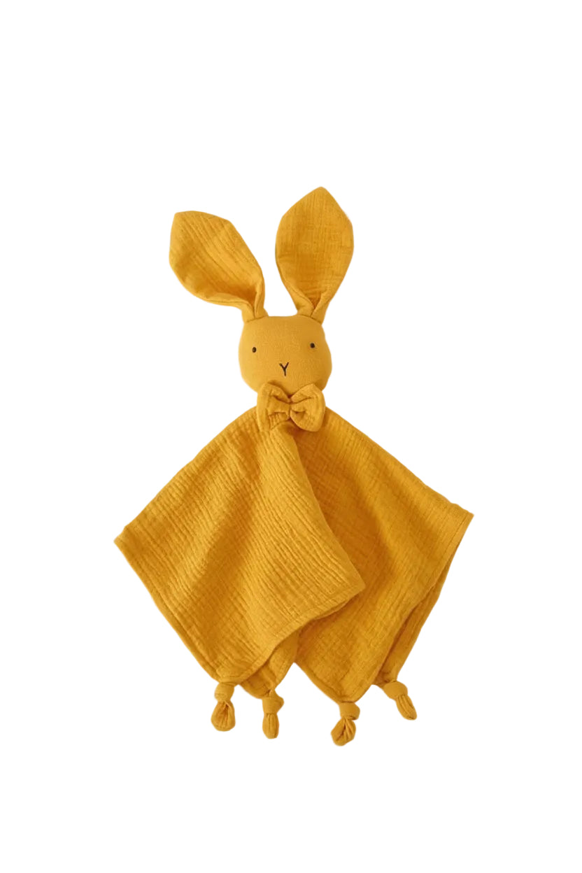 Doudou lapin bébé orange en mousseline de coton certifié OEKO-TEX
