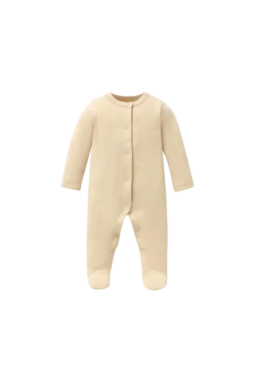Grenouillère bébé beige en coton certifié OEKO-TEX Classe I
