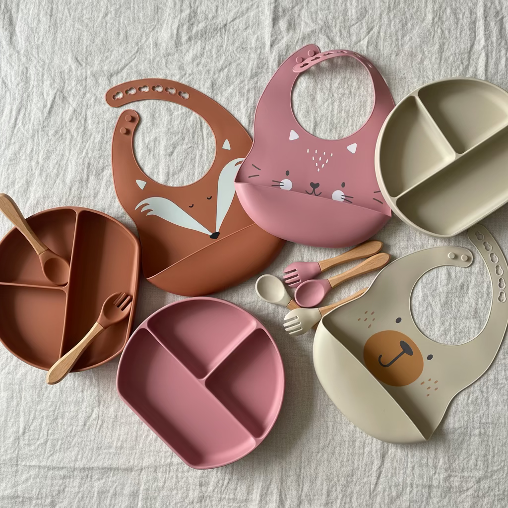 Ensemble repas bébé en silicone sans BPA — assiette à ventouse, bavoir à poche et couverts