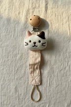 Attache tétine bébé en bois et coton, motif animalier brodé