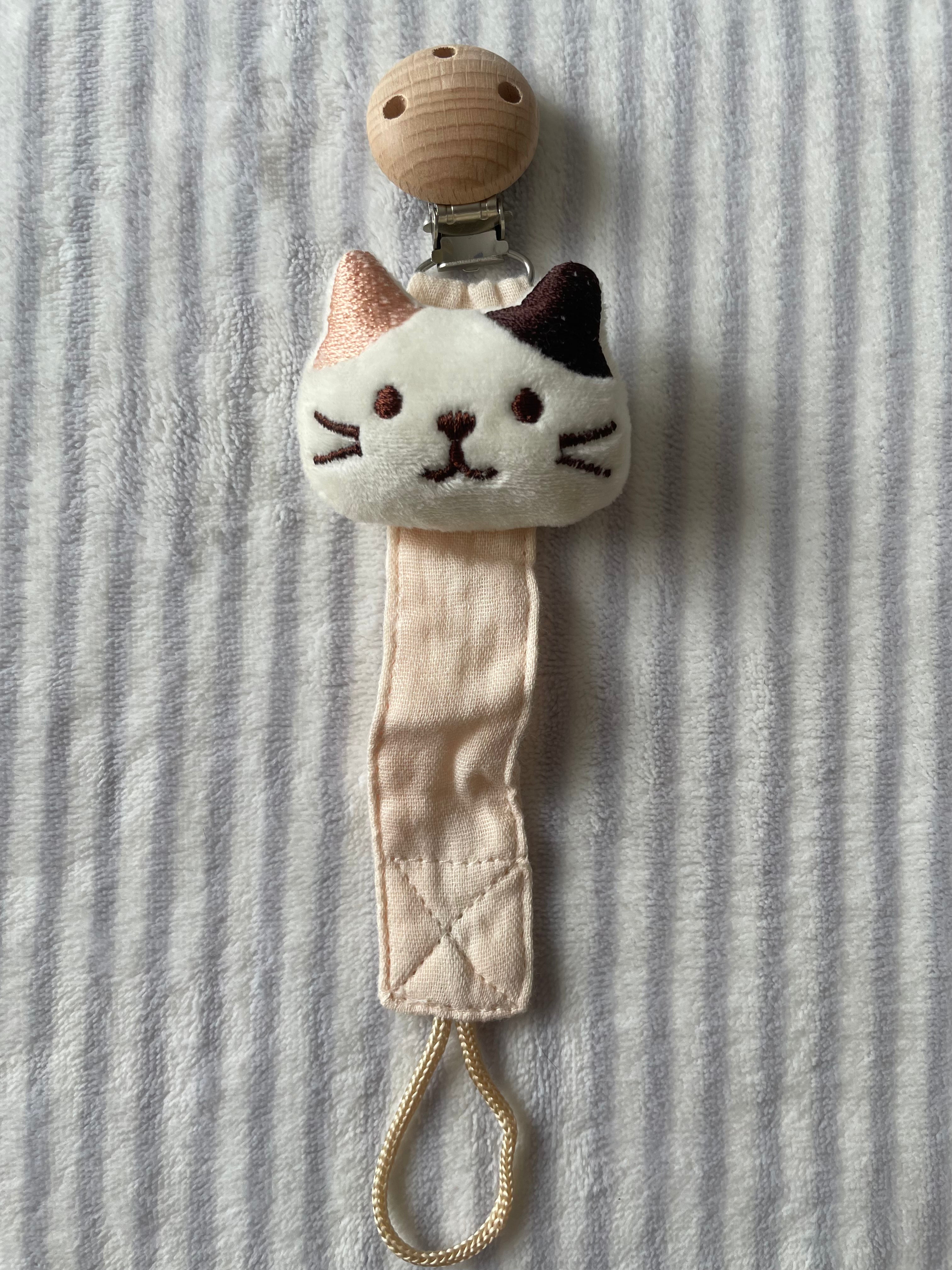 Attache tétine bébé en bois de hêtre & mousseline de coton – renard, chat, lion ou abeille