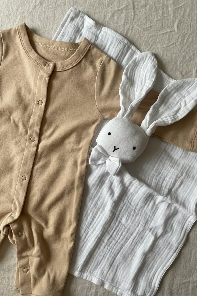Coffret de naissance V.Lune présenté prêt à offrir — doudou lapin et grenouillère coton