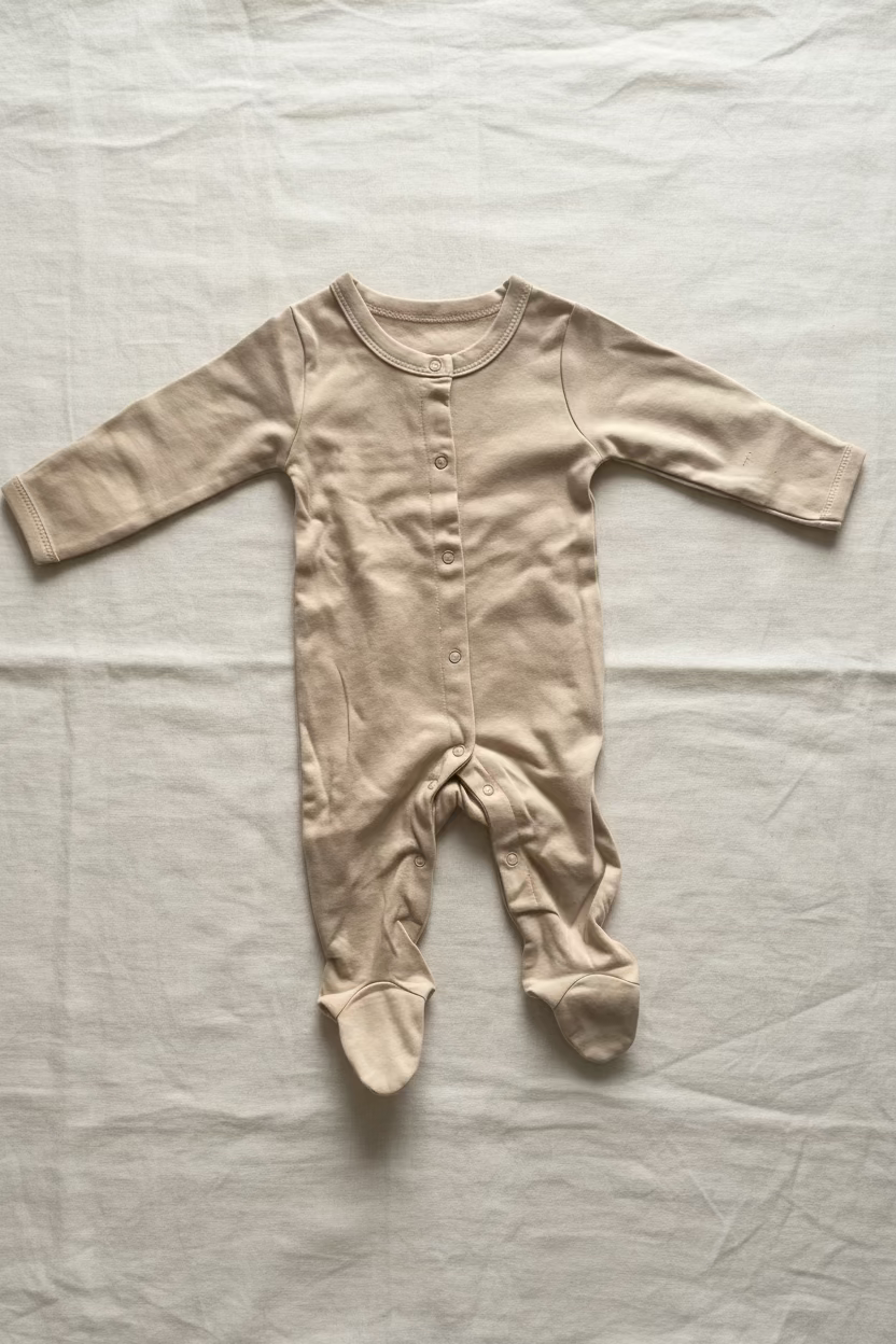 Grenouillère bébé beige en coton certifié OEKO-TEX Classe I, vue entière
