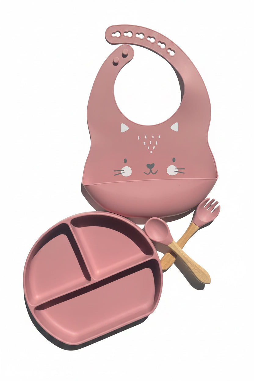 Ensemble repas bébé silicone motif chat - assiette à ventouse, bavoir et couverts
