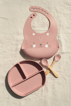 Ensemble repas bébé silicone motif chat - assiette à ventouse, bavoir et couverts