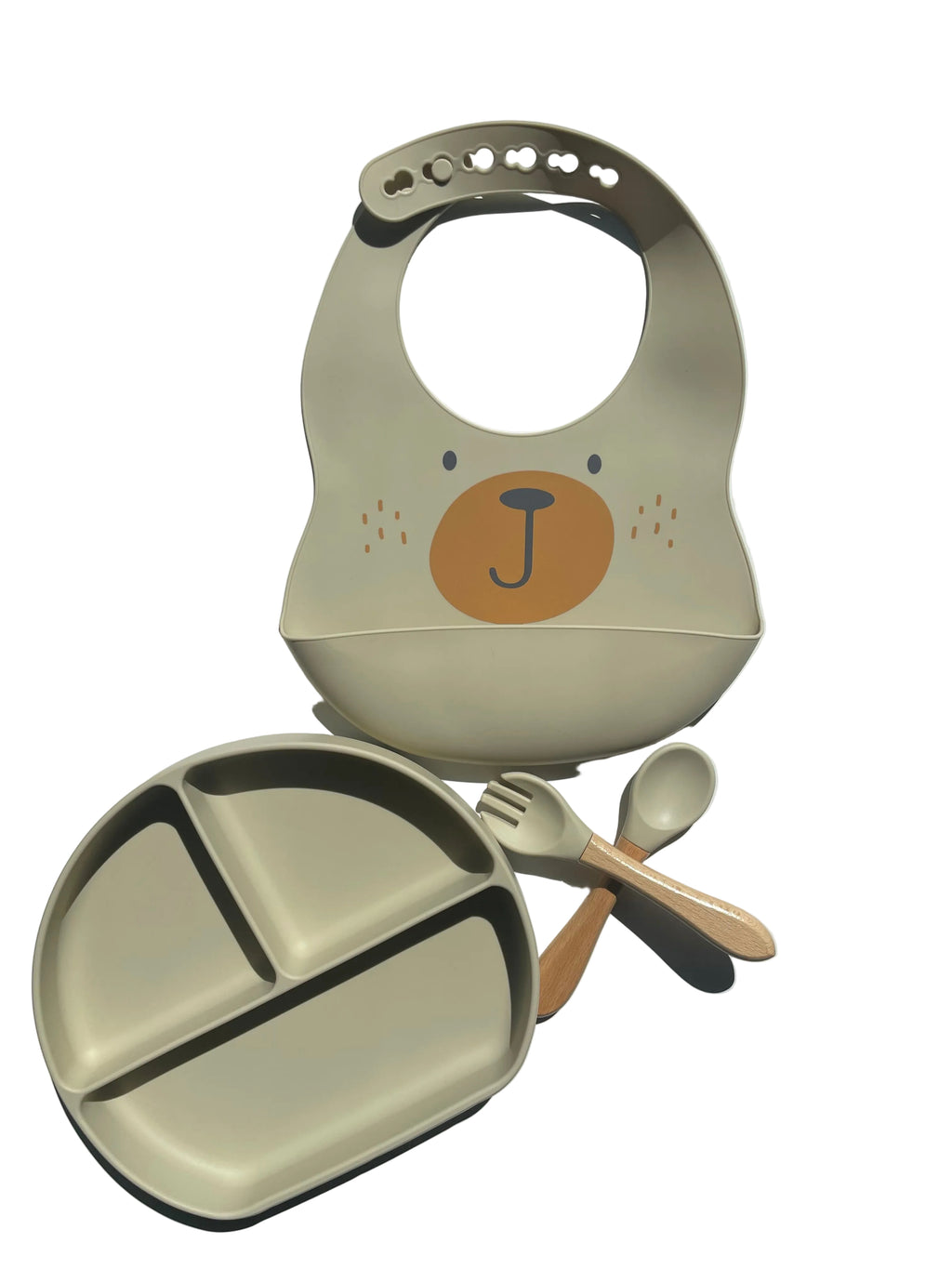 Ensemble repas bébé silicone motif ours - assiette à ventouse, bavoir et couverts
