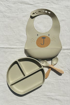 Ensemble repas bébé silicone motif ours - assiette à ventouse, bavoir et couverts