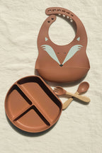 Ensemble repas bébé silicone motif renard - assiette à ventouse, bavoir et couverts