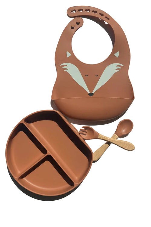 Ensemble repas bébé silicone motif renard - assiette à ventouse, bavoir et couverts