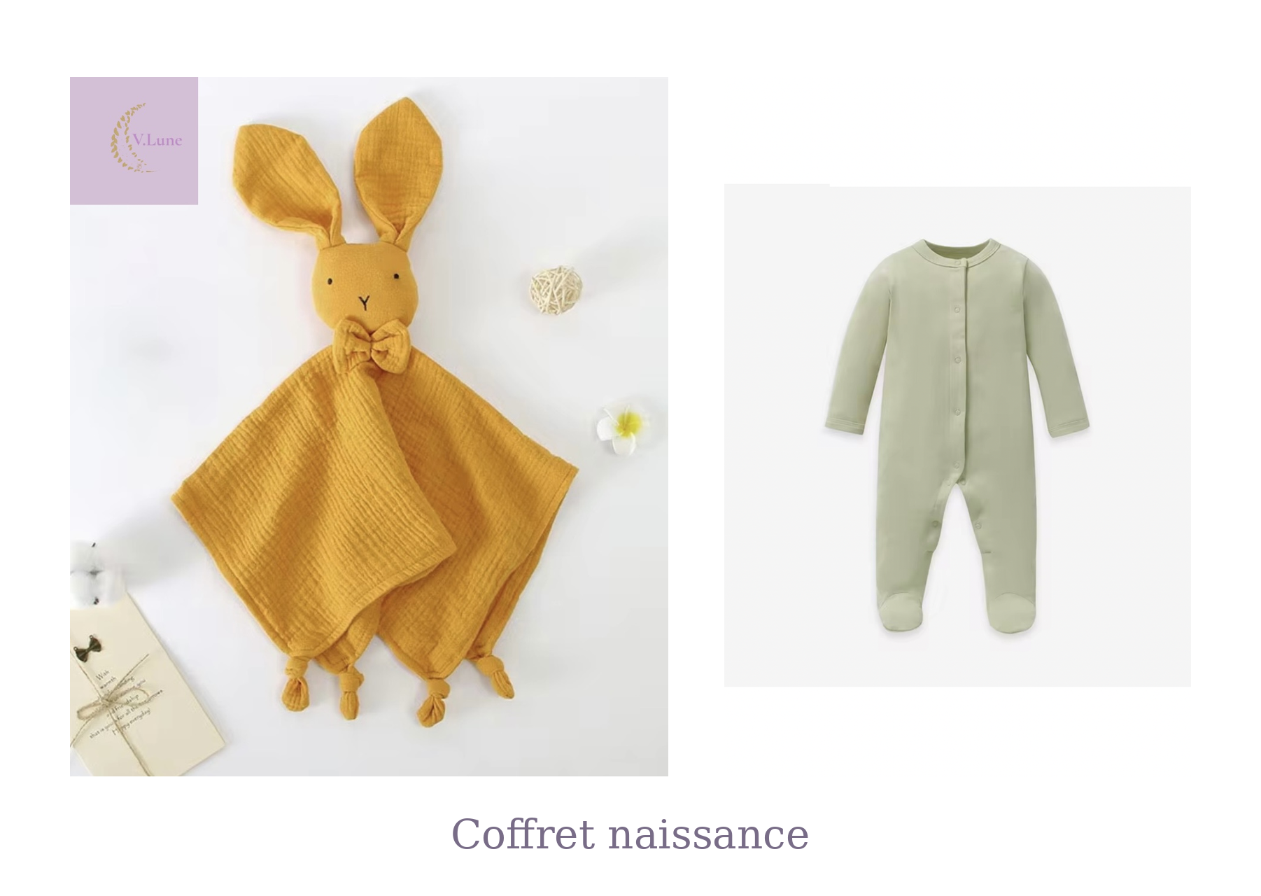 Coffret cadeau de naissance – doudou + grenouillère (coton OEKO-TEX)