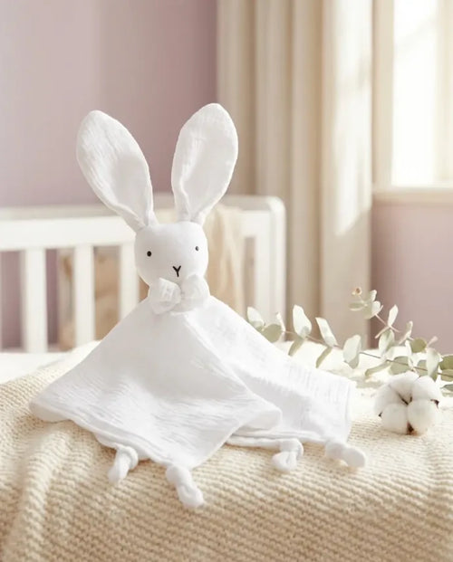 Doudou lapin bébé blanc en mousseline de coton certifié OEKO-TEX